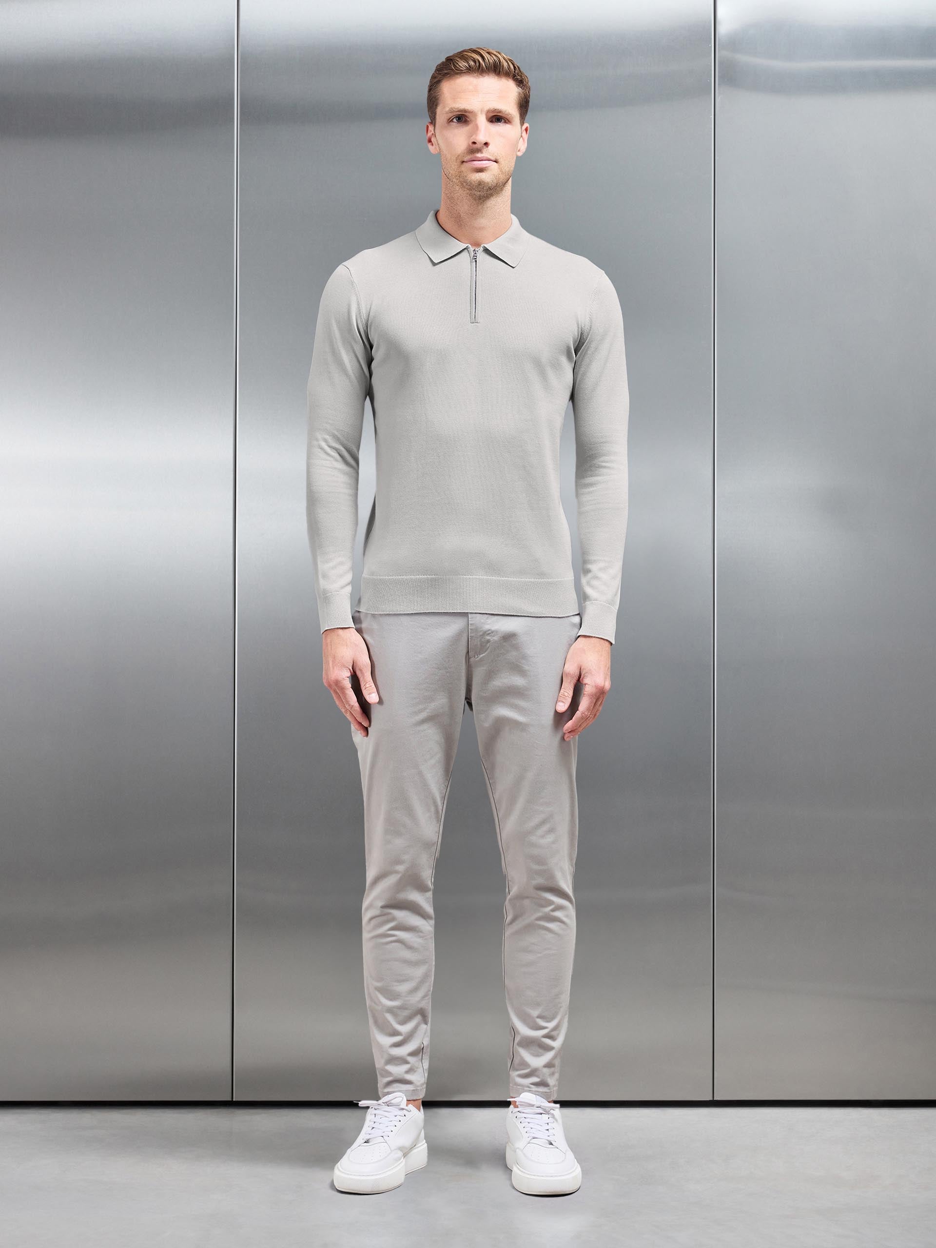 Cotton Knitted Long Sleeve Half Zip Polo Shirt in Mid Grey