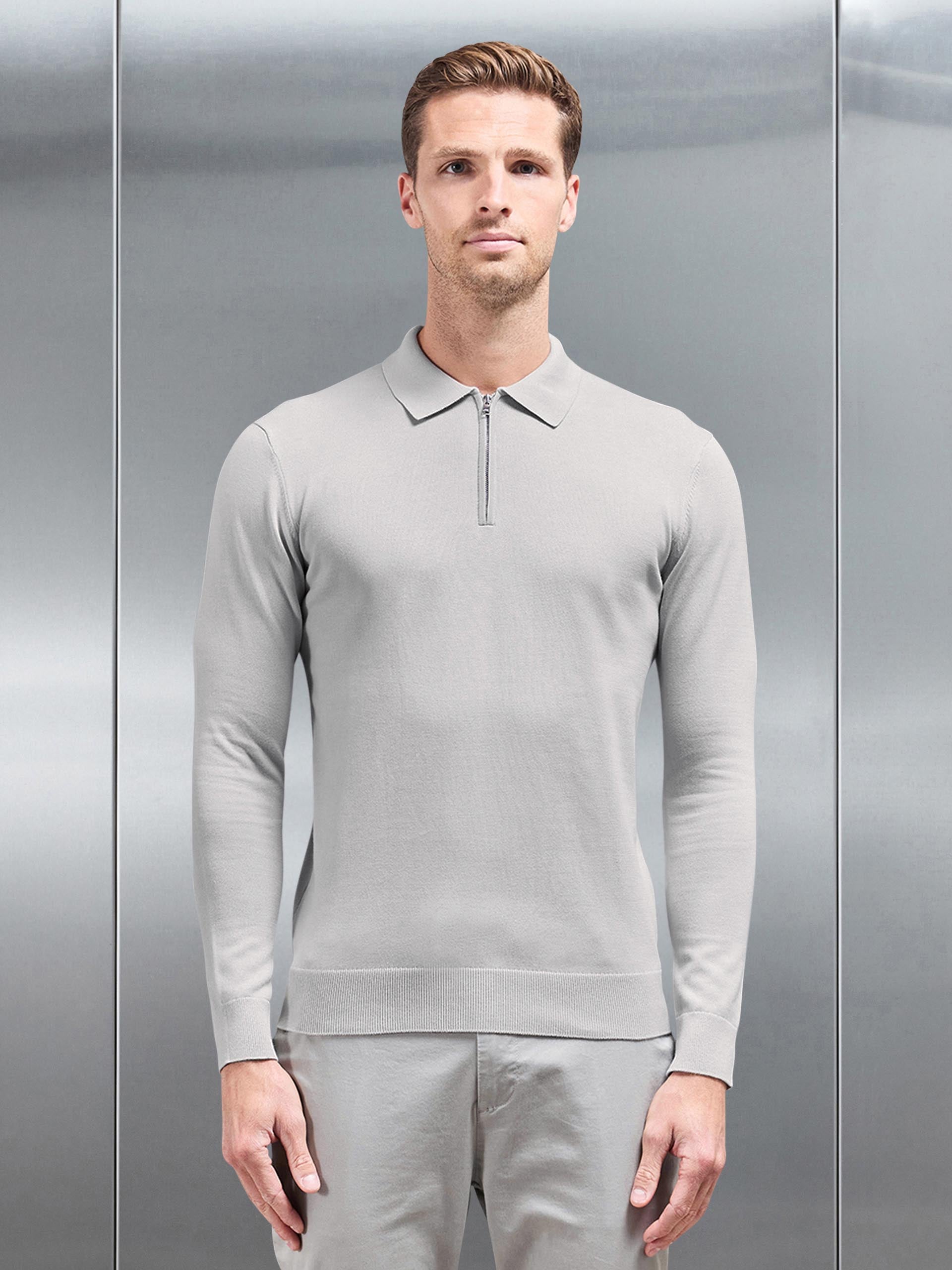 Cotton Knitted Long Sleeve Half Zip Polo Shirt in Mid Grey