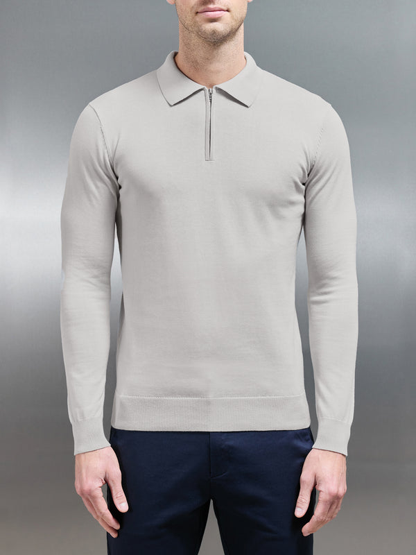 Cotton Knitted Long Sleeve Half Zip Polo Shirt in Oatmeal