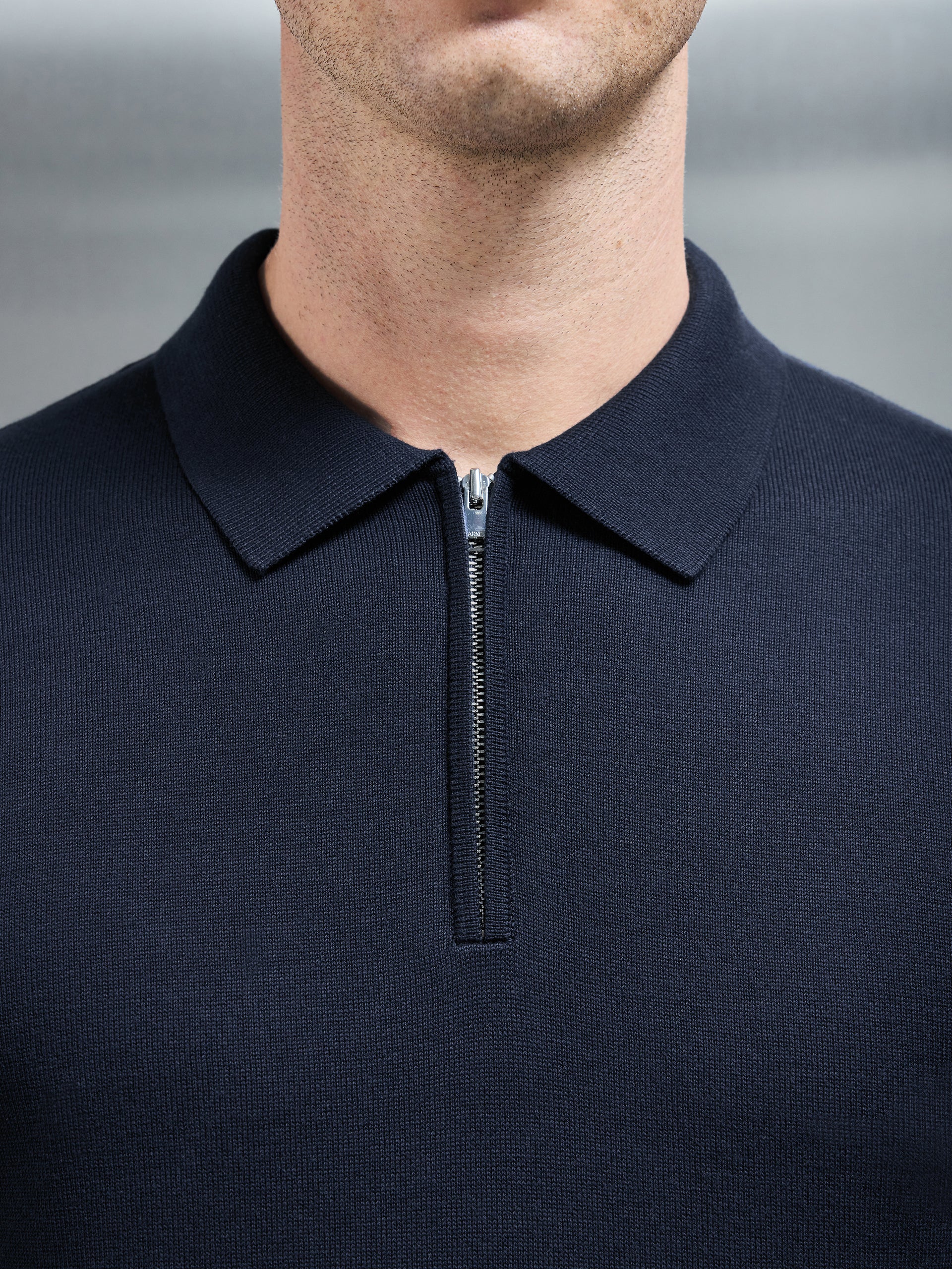 Cotton Knitted Long Sleeve Half Zip Polo Shirt in Navy