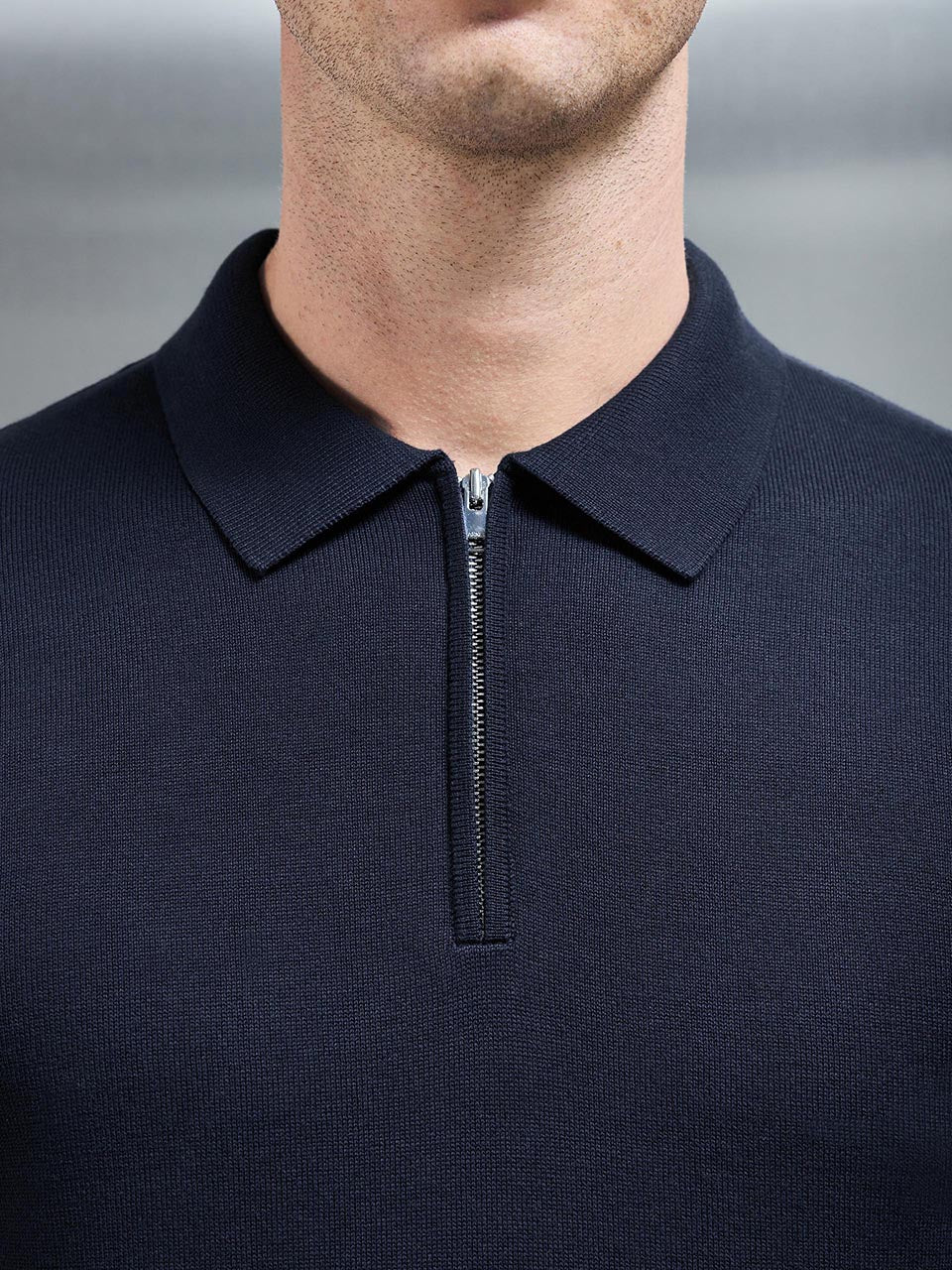 Cotton Knitted Long Sleeve Half Zip Polo Shirt in Navy