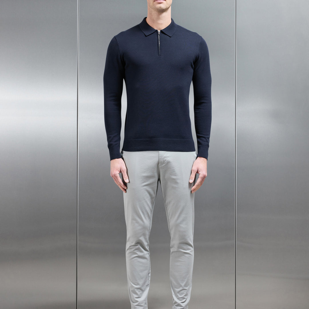 Cotton Knitted Long Sleeve Half Zip Polo Shirt in Navy