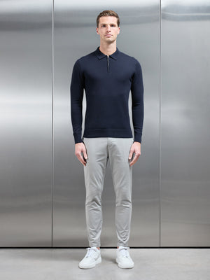 Cotton Knitted Long Sleeve Half Zip Polo Shirt in Navy