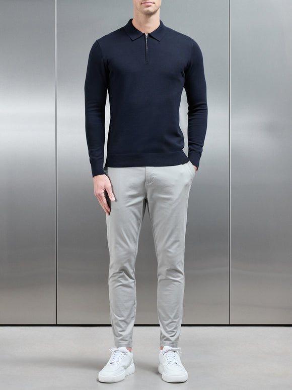Cotton Knitted Long Sleeve Half Zip Polo Shirt in Navy