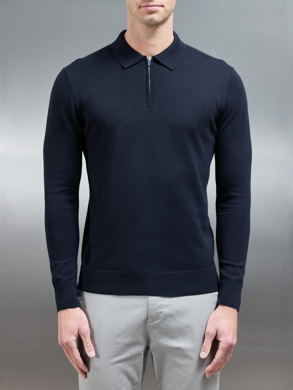 Cotton Knitted Long Sleeve Half Zip Polo Shirt in Navy