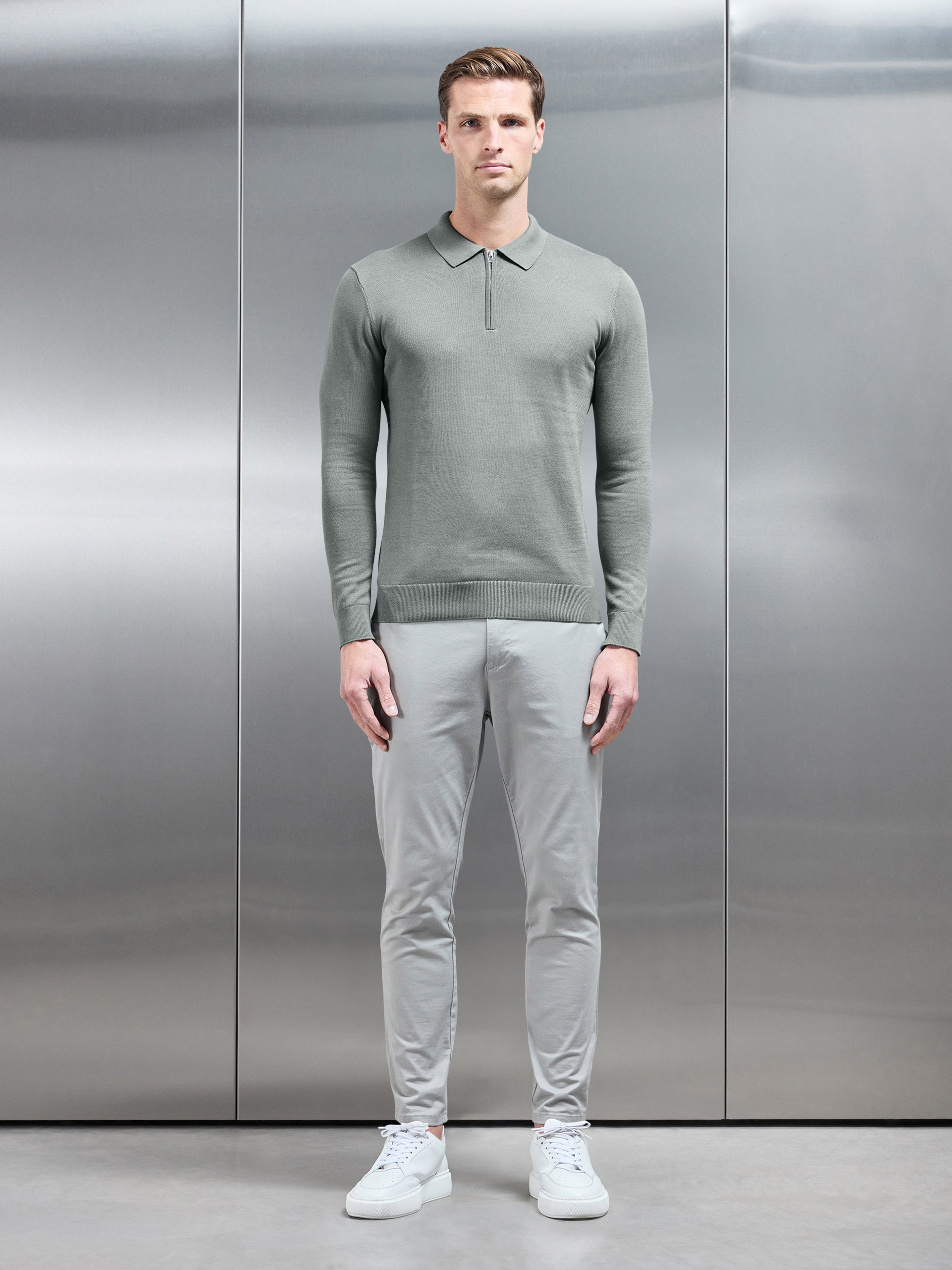 Cotton Knitted Long Sleeve Half Zip Polo Shirt in Sage