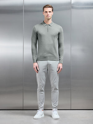 Cotton Knitted Long Sleeve Half Zip Polo Shirt in Sage