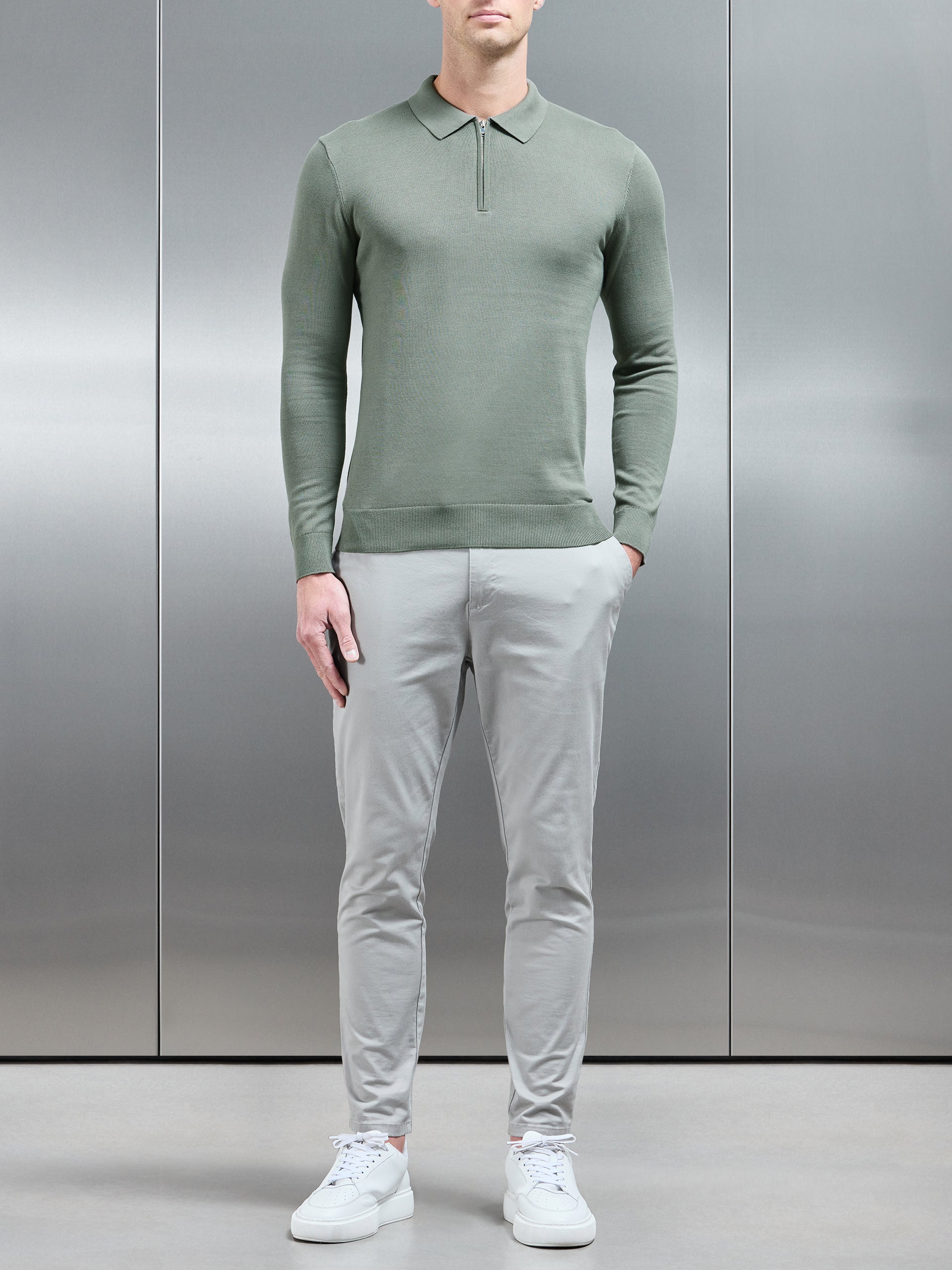 Cotton Knitted Long Sleeve Half Zip Polo Shirt in Sage
