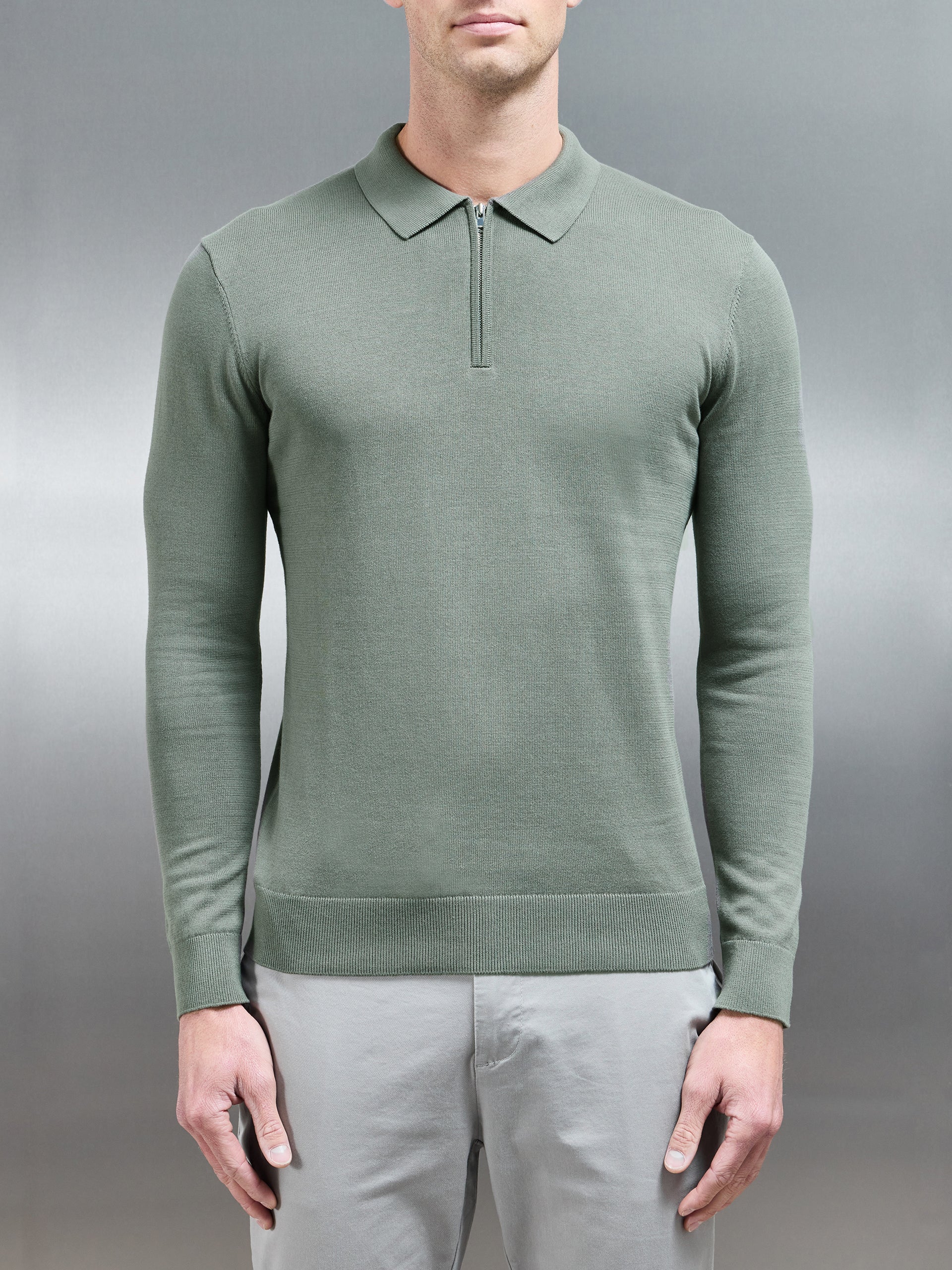 Cotton Knitted Long Sleeve Half Zip Polo Shirt in Sage