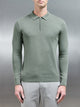 Cotton Knitted Long Sleeve Half Zip Polo Shirt in Sage