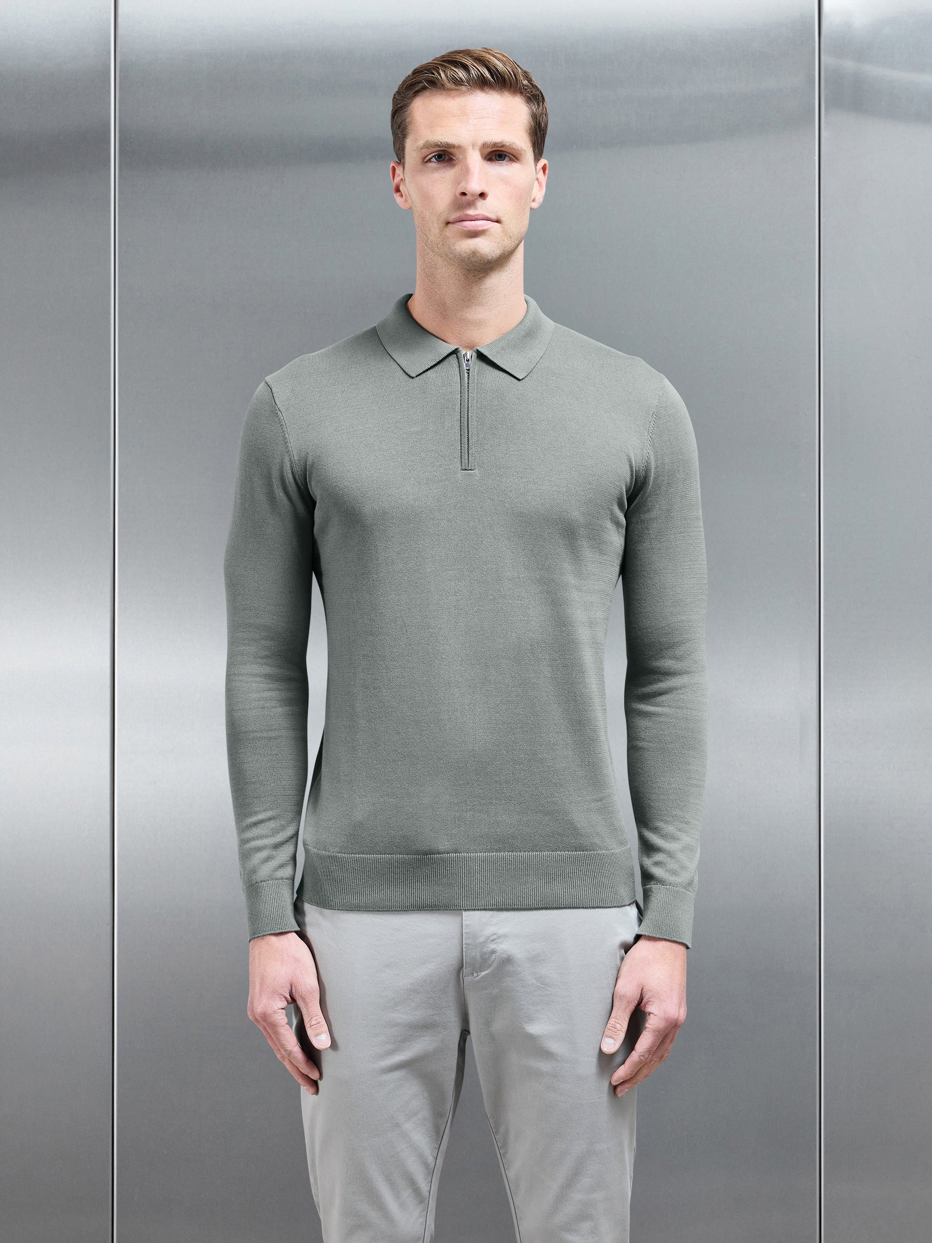 Cotton Knitted Long Sleeve Half Zip Polo Shirt in Sage