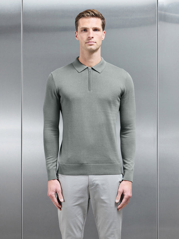 Cotton Knitted Long Sleeve Half Zip Polo Shirt in Sage