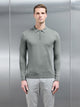 Cotton Knitted Long Sleeve Half Zip Polo Shirt in Sage