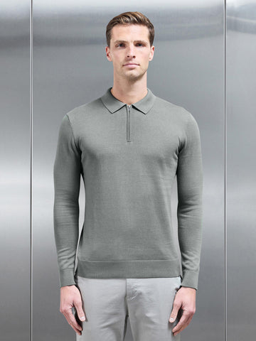 Cotton Knitted Long Sleeve Half Zip Polo Shirt in Sage