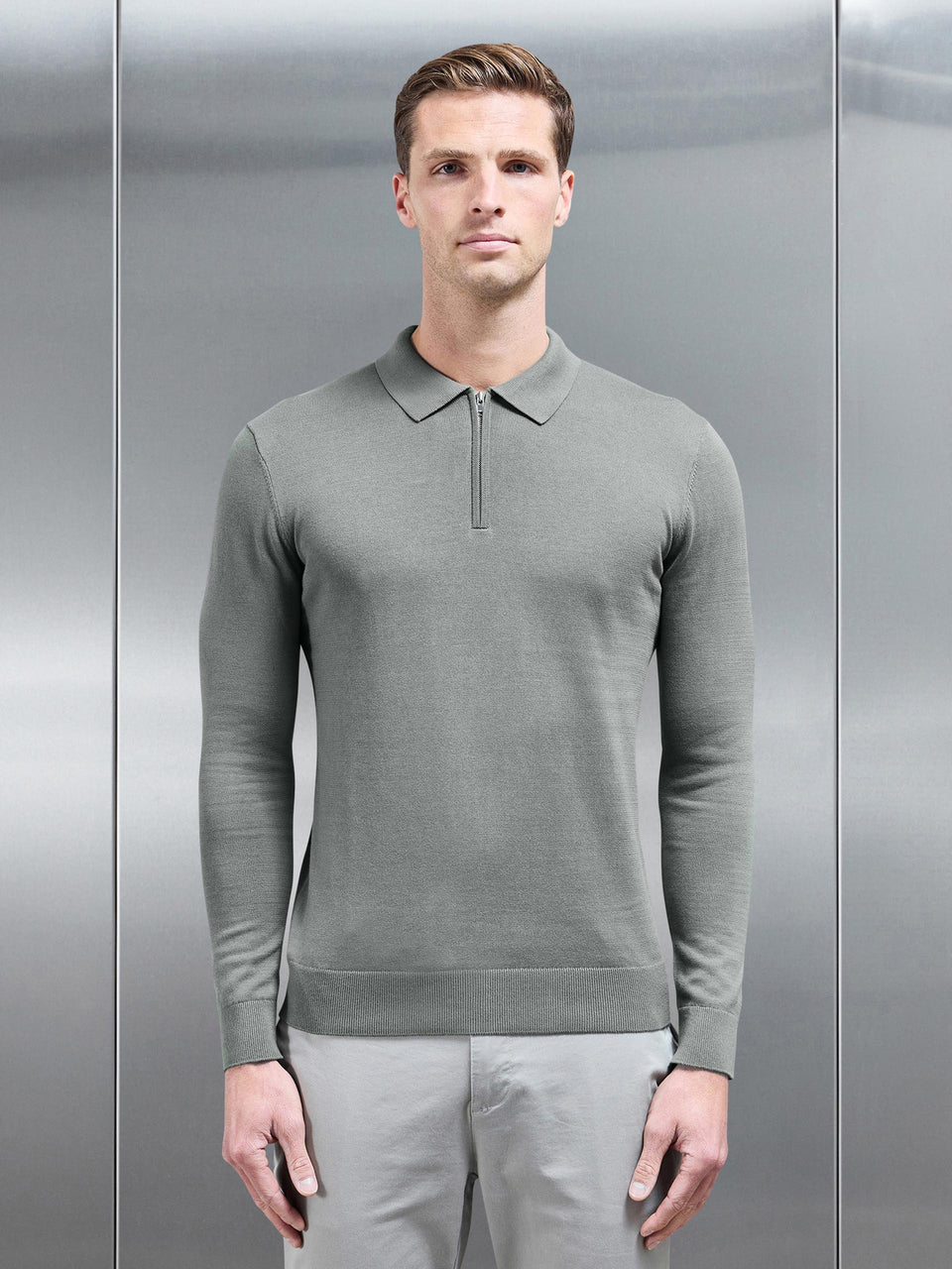 Cotton Knitted Long Sleeve Half Zip Polo Shirt in Sage