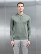 Cotton Knitted Long Sleeve Half Zip Polo Shirt in Sage
