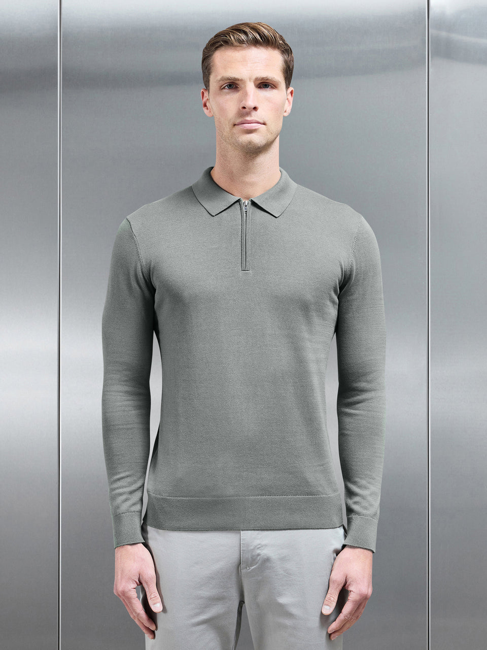 Cotton Knitted Long Sleeve Half Zip Polo Shirt in Sage