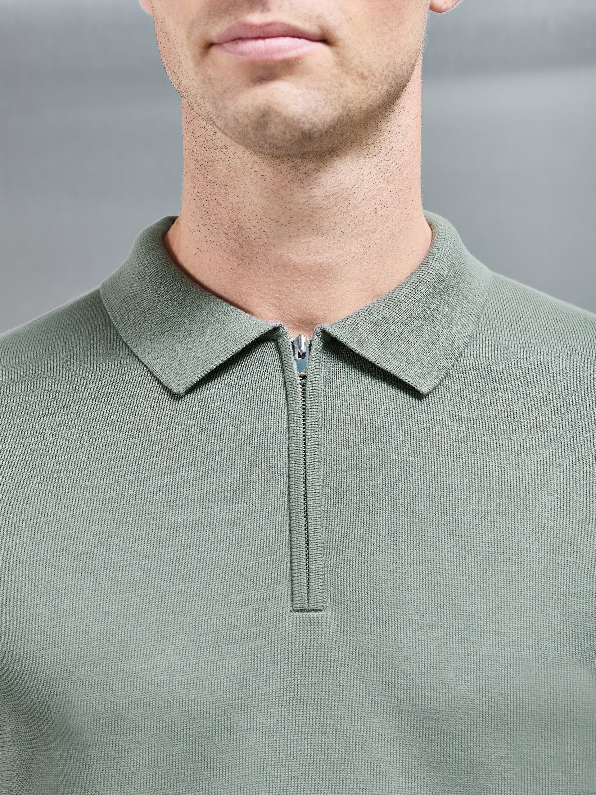 Cotton Knitted Long Sleeve Half Zip Polo Shirt in Sage