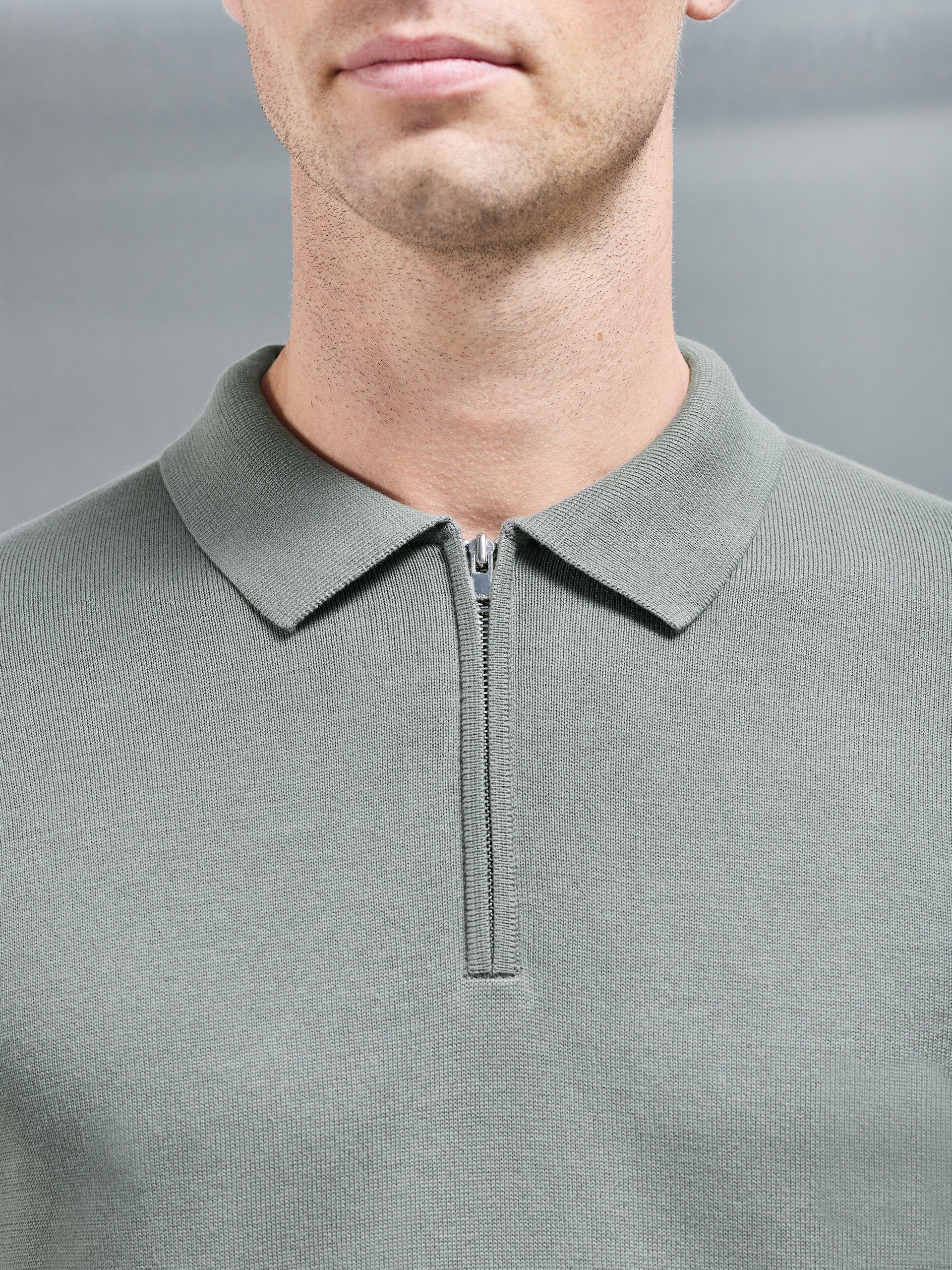 Cotton Knitted Long Sleeve Half Zip Polo Shirt in Sage