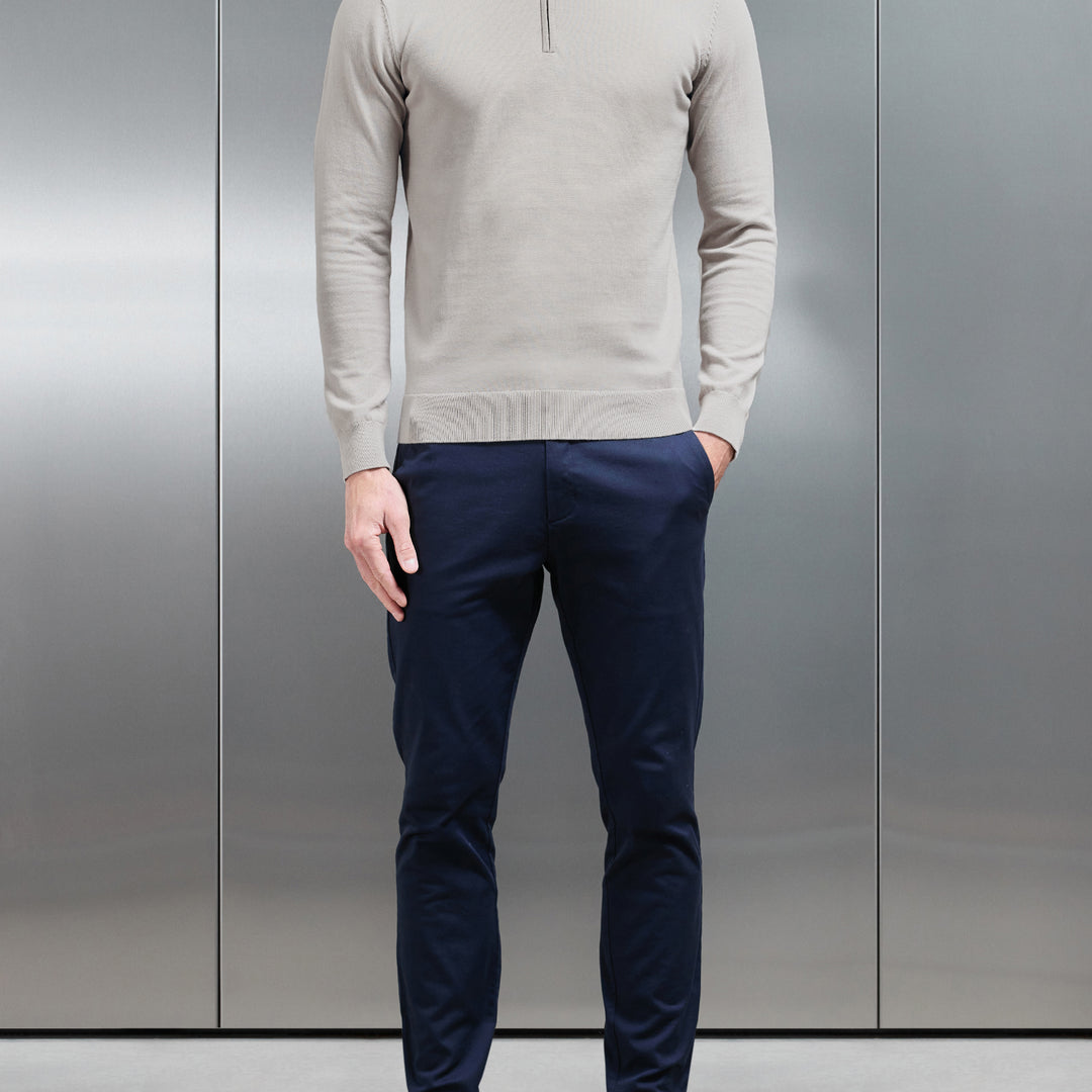 Cotton Knitted Long Sleeve Half Zip Polo Shirt in Stone