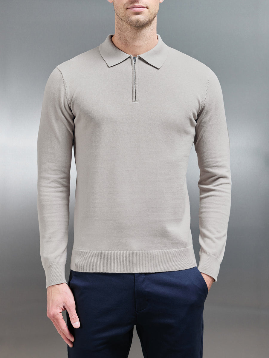 Cotton Knitted Long Sleeve Half Zip Polo Shirt in Stone