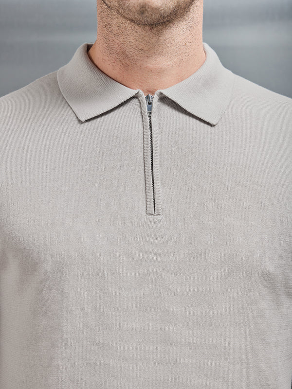 Cotton Knitted Long Sleeve Half Zip Polo Shirt in Stone