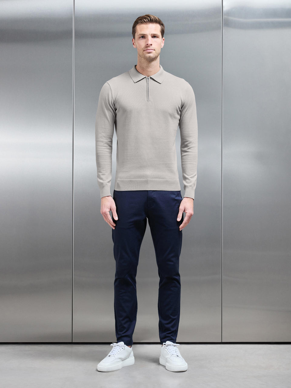 Cotton Knitted Long Sleeve Half Zip Polo Shirt in Stone