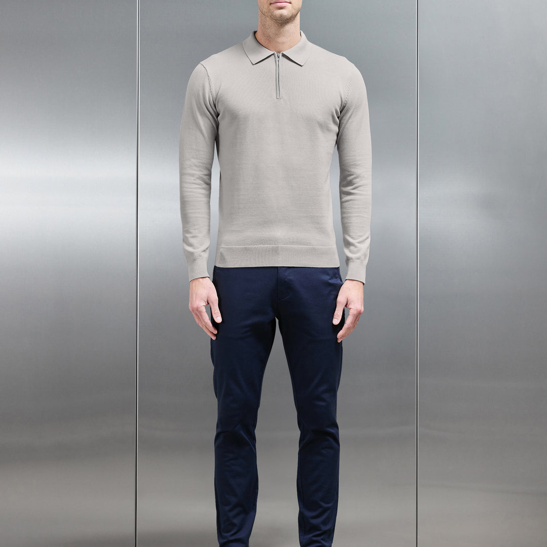 Cotton Knitted Long Sleeve Half Zip Polo Shirt in Stone