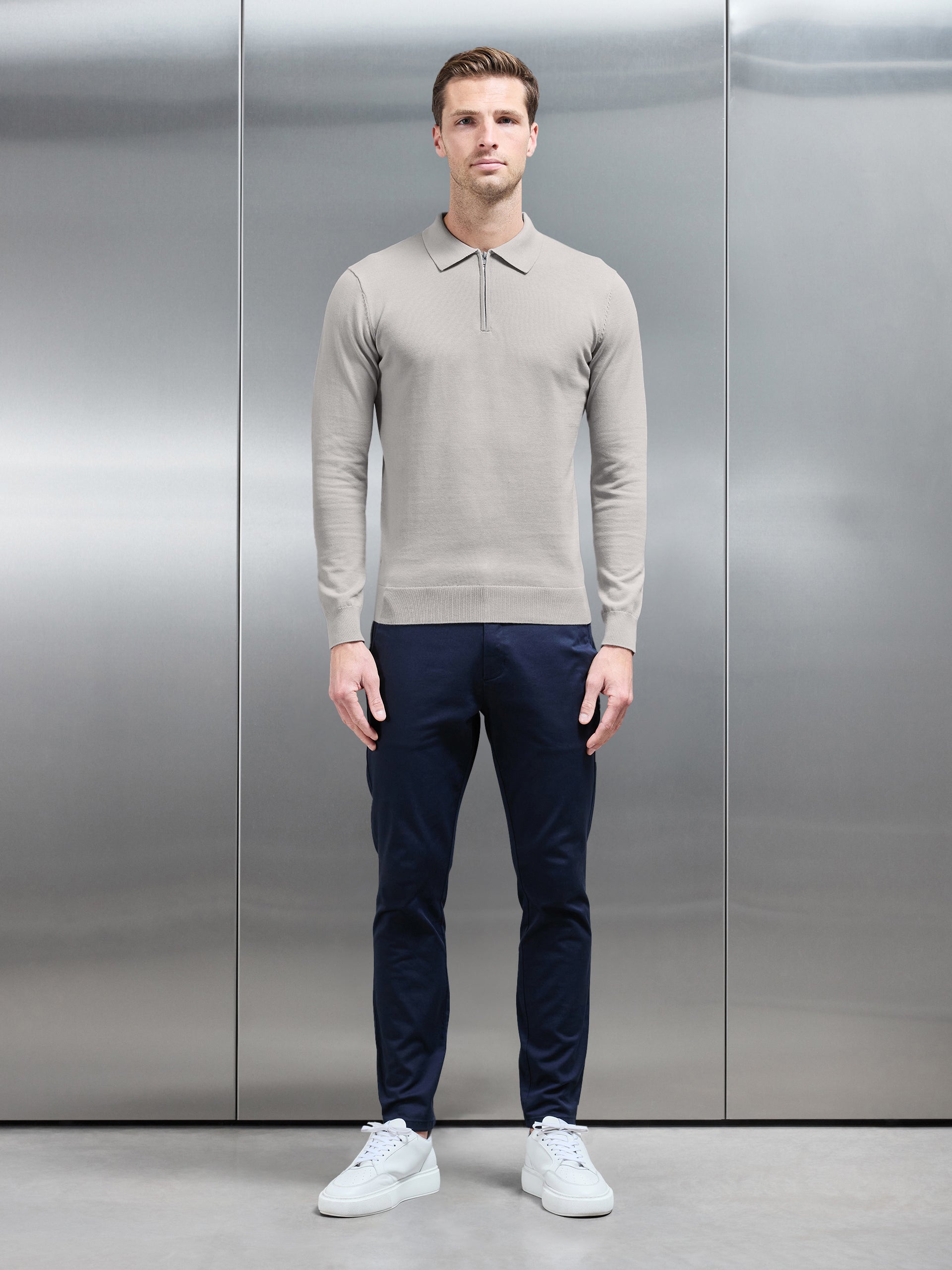 Cotton Knitted Long Sleeve Half Zip Polo Shirt in Stone