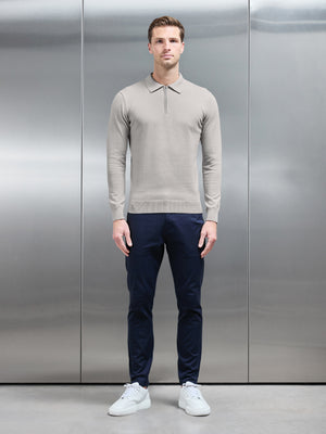 Cotton Knitted Long Sleeve Half Zip Polo Shirt in Stone