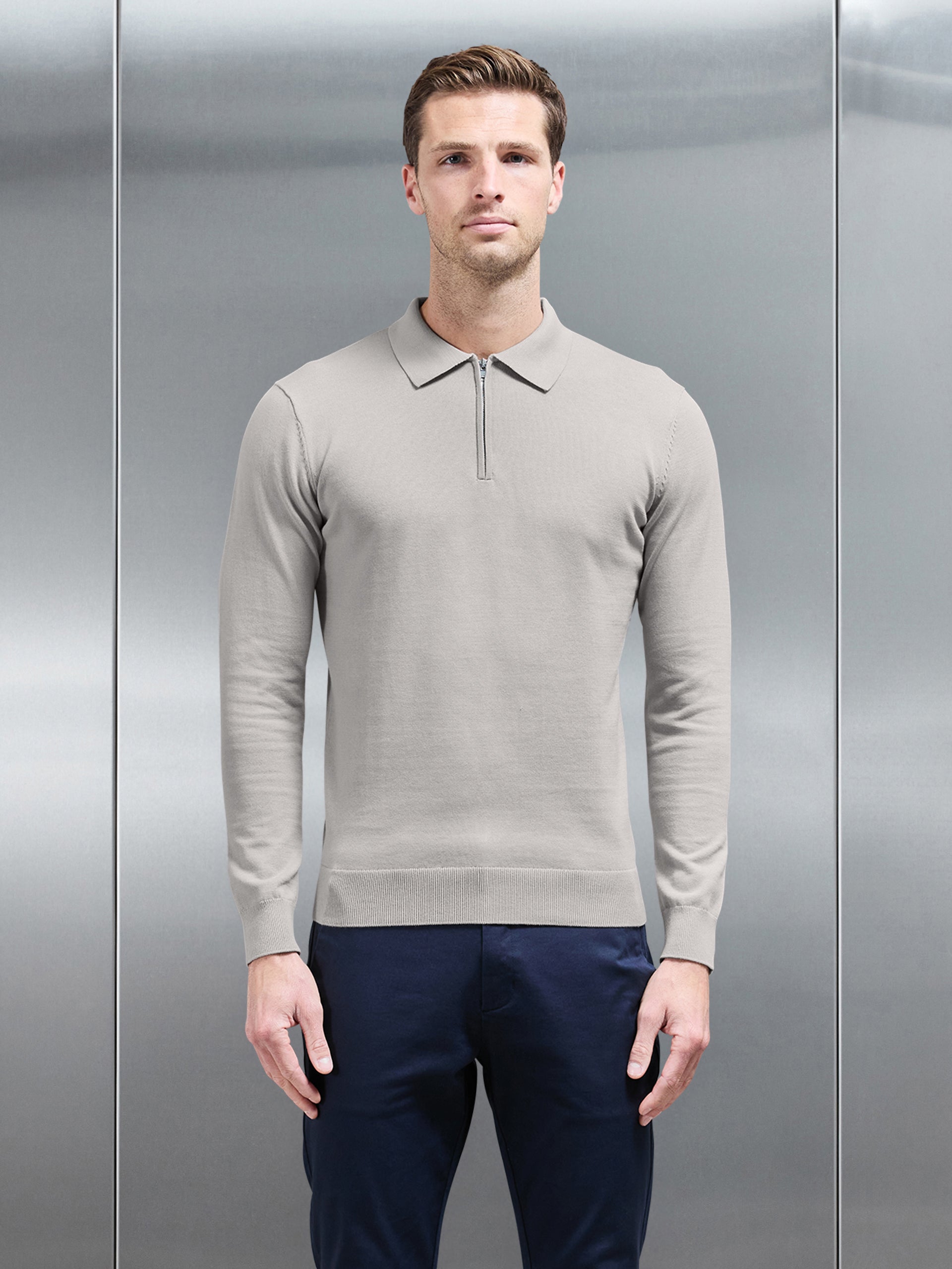 Cotton Knitted Long Sleeve Half Zip Polo Shirt in Stone