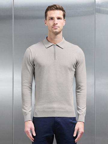 Cotton Knitted Long Sleeve Half Zip Polo Shirt in Stone