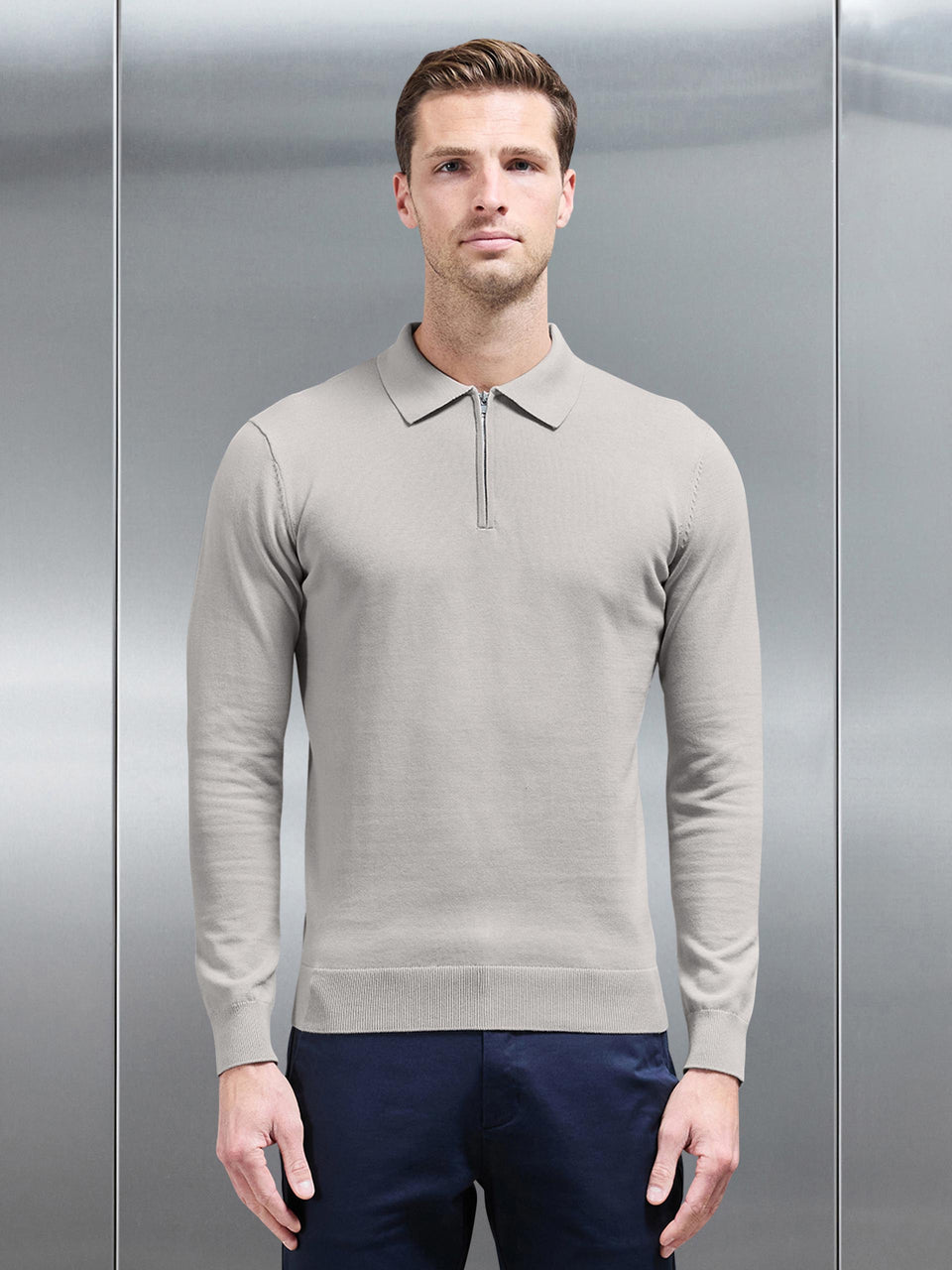 Cotton Knitted Long Sleeve Half Zip Polo Shirt in Stone