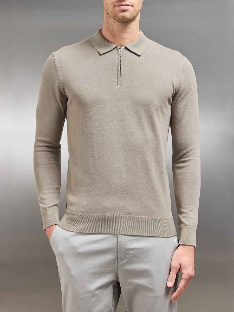 Cotton Knitted Long Sleeve Half Zip Polo Shirt in Taupe