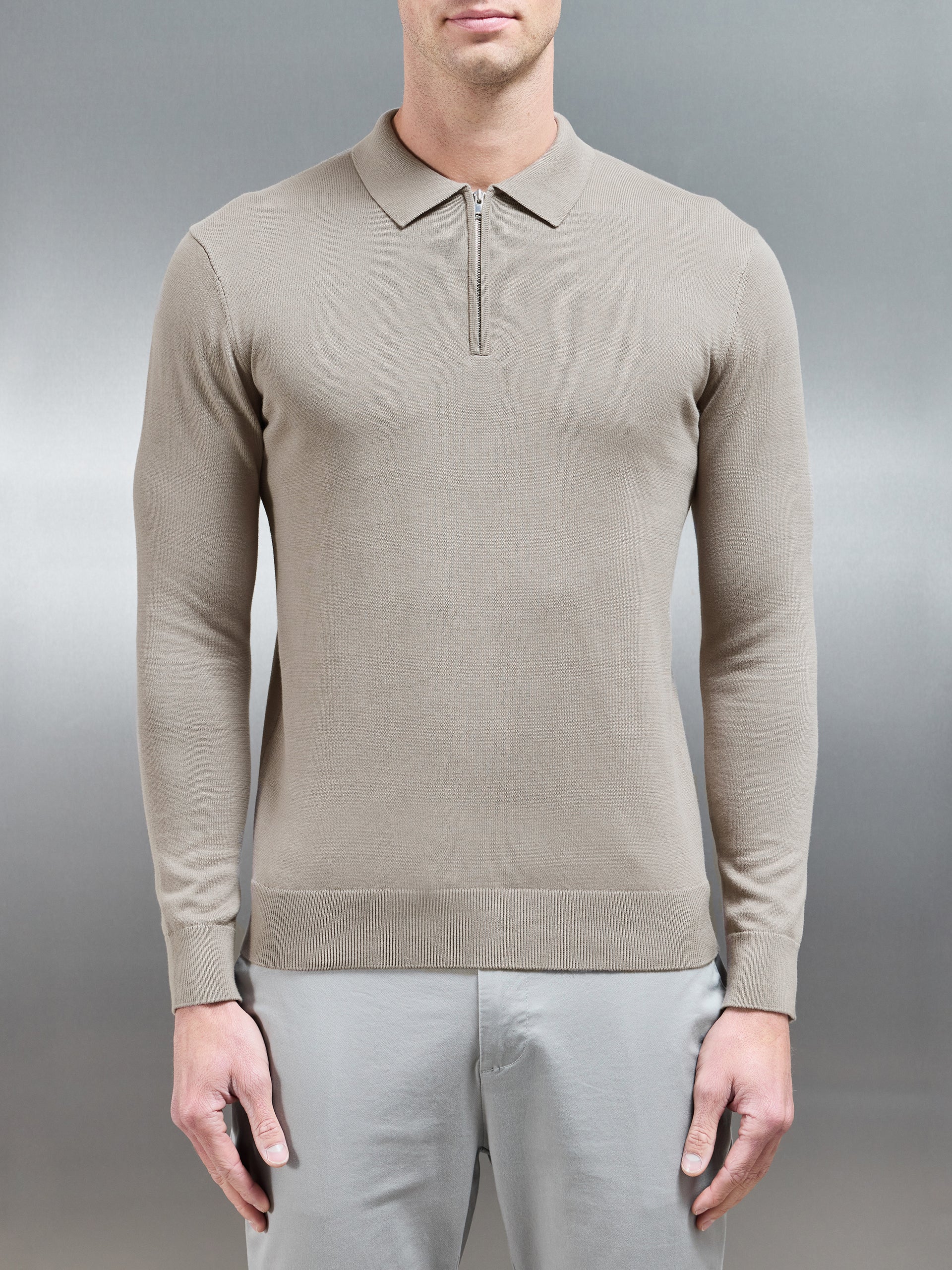 Cotton Knitted Long Sleeve Half Zip Polo Shirt in Taupe