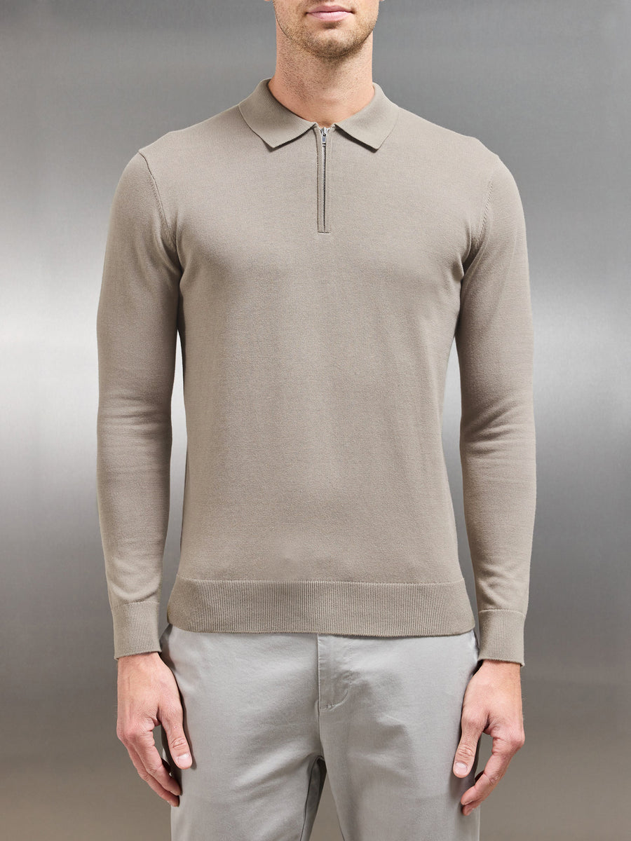 Cotton Knitted Long Sleeve Half Zip Polo Shirt in Taupe