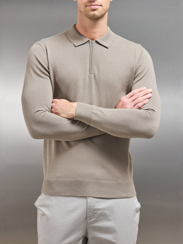 Cotton Knitted Long Sleeve Half Zip Polo Shirt in Taupe