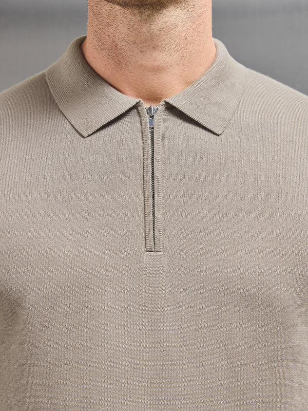 Cotton Knitted Long Sleeve Half Zip Polo Shirt in Taupe