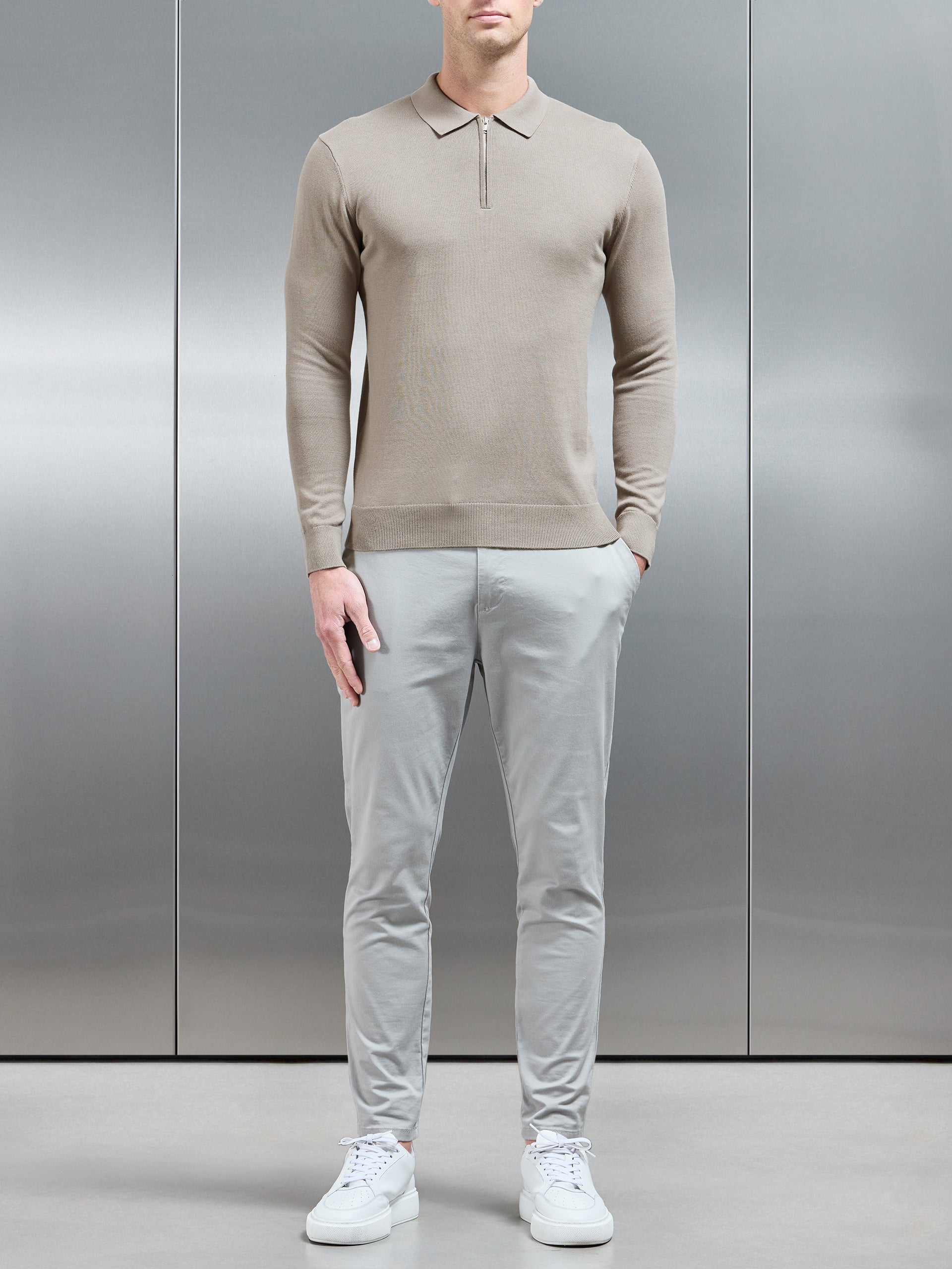 Cotton Knitted Long Sleeve Half Zip Polo Shirt in Taupe
