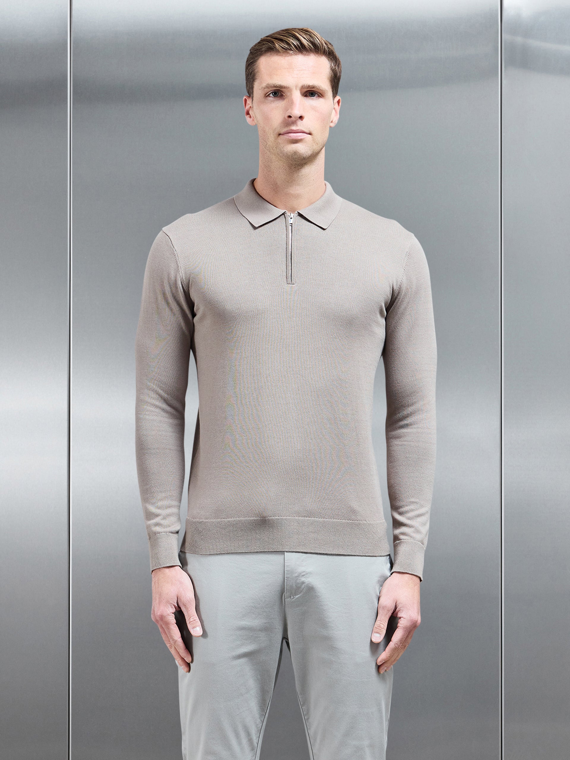 Cotton Knitted Long Sleeve Half Zip Polo Shirt in Taupe