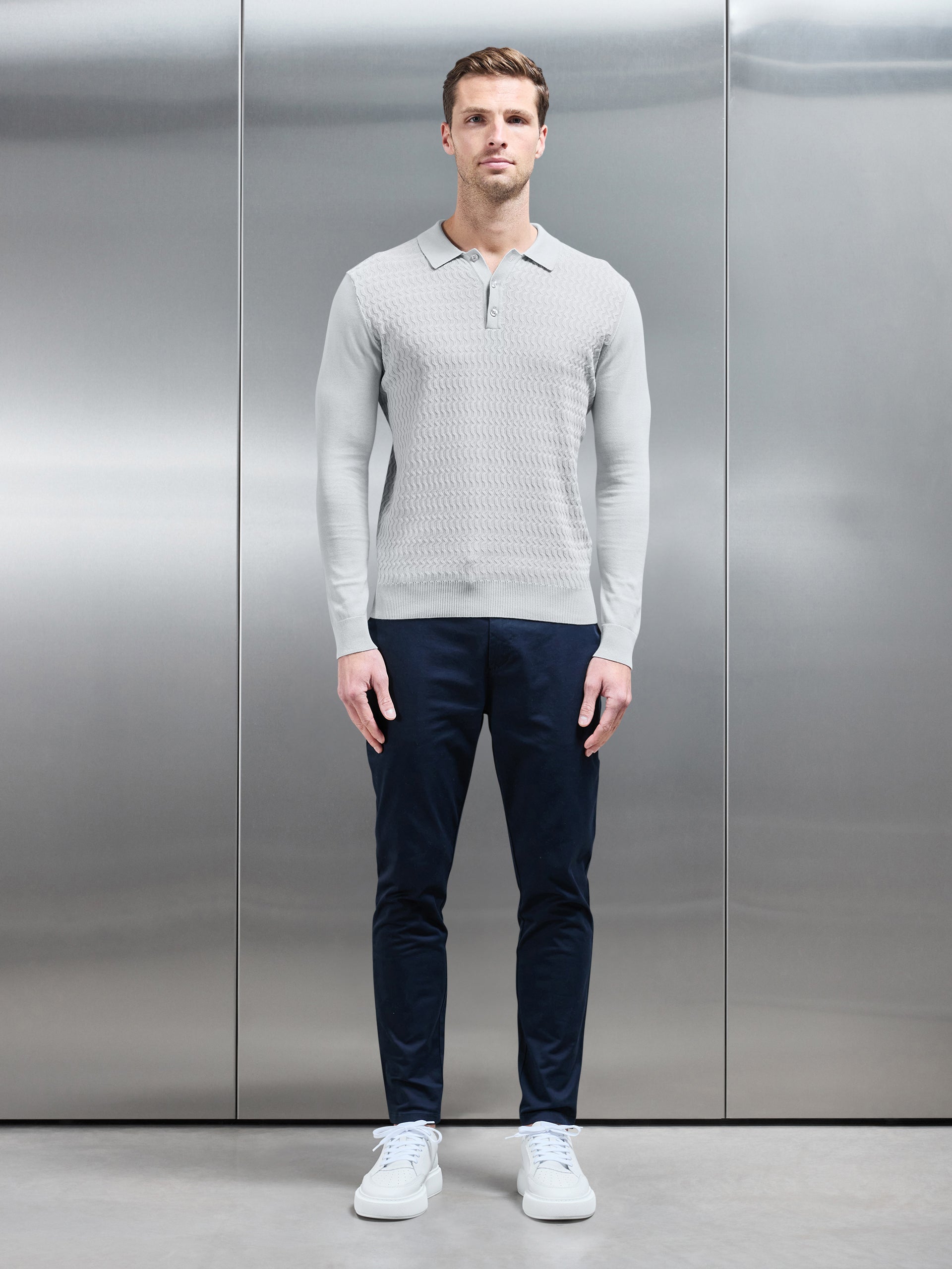 Cotton Knitted Long Sleeve Textured Polo Shirt in Mid Grey