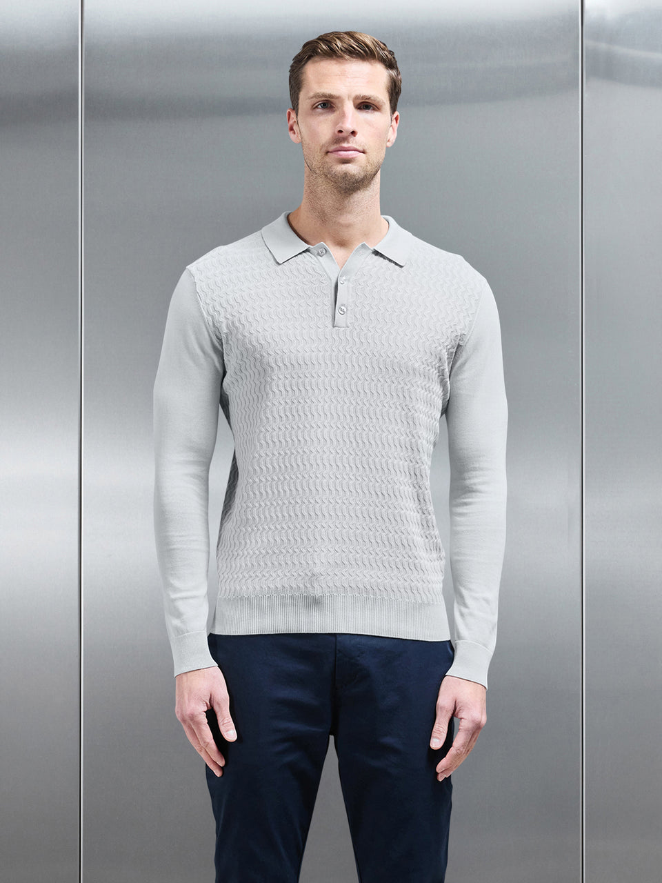 Cotton Knitted Long Sleeve Textured Polo Shirt in Mid Grey