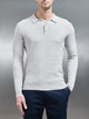 Cotton Knitted Long Sleeve Textured Polo Shirt in Mid Grey