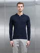 Cotton Knitted Long Sleeve Textured Polo Shirt in Navy