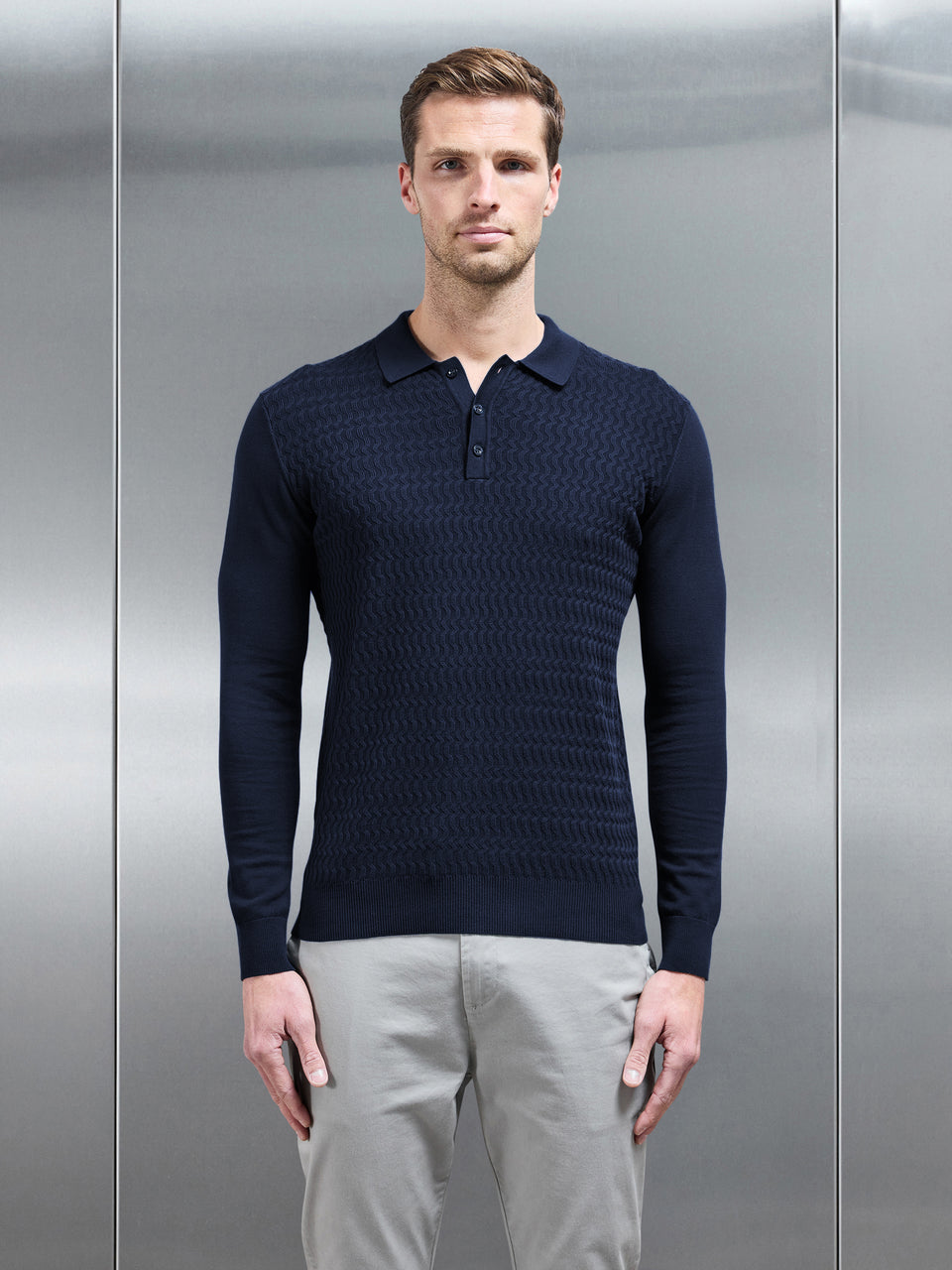Cotton Knitted Long Sleeve Textured Polo Shirt in Navy