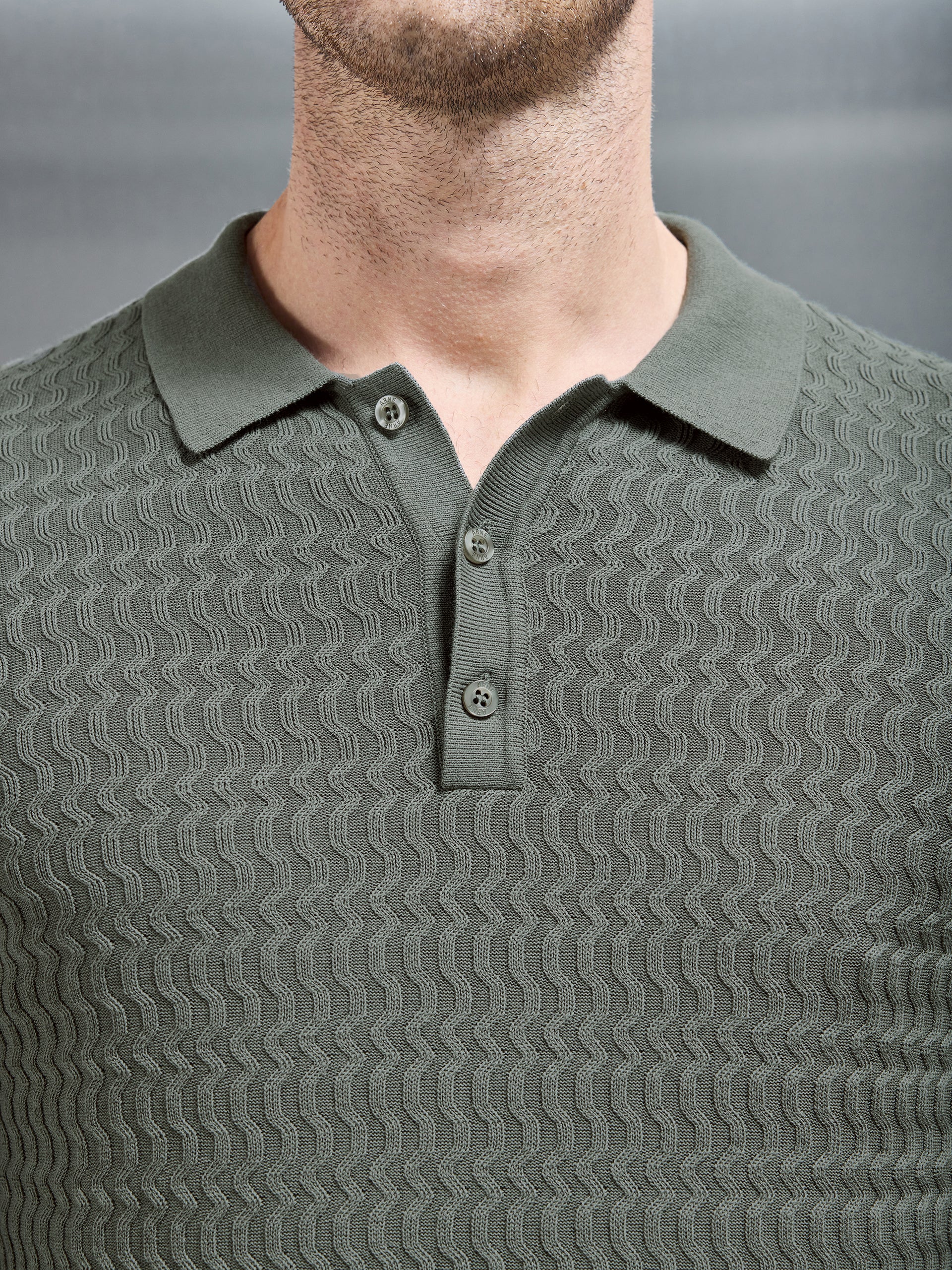 Cotton Knitted Long Sleeve Textured Polo Shirt in Sage