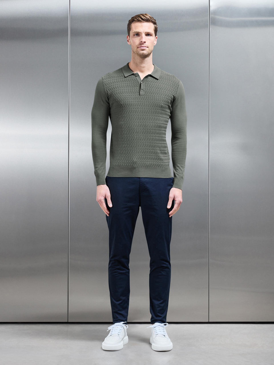 Cotton Knitted Long Sleeve Textured Polo Shirt in Sage