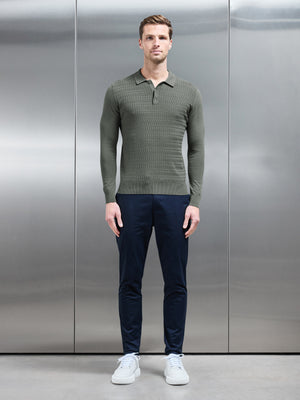 Cotton Knitted Long Sleeve Textured Polo Shirt in Sage