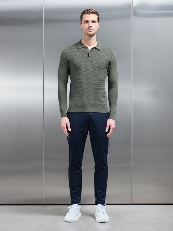 Cotton Knitted Long Sleeve Textured Polo Shirt in Sage