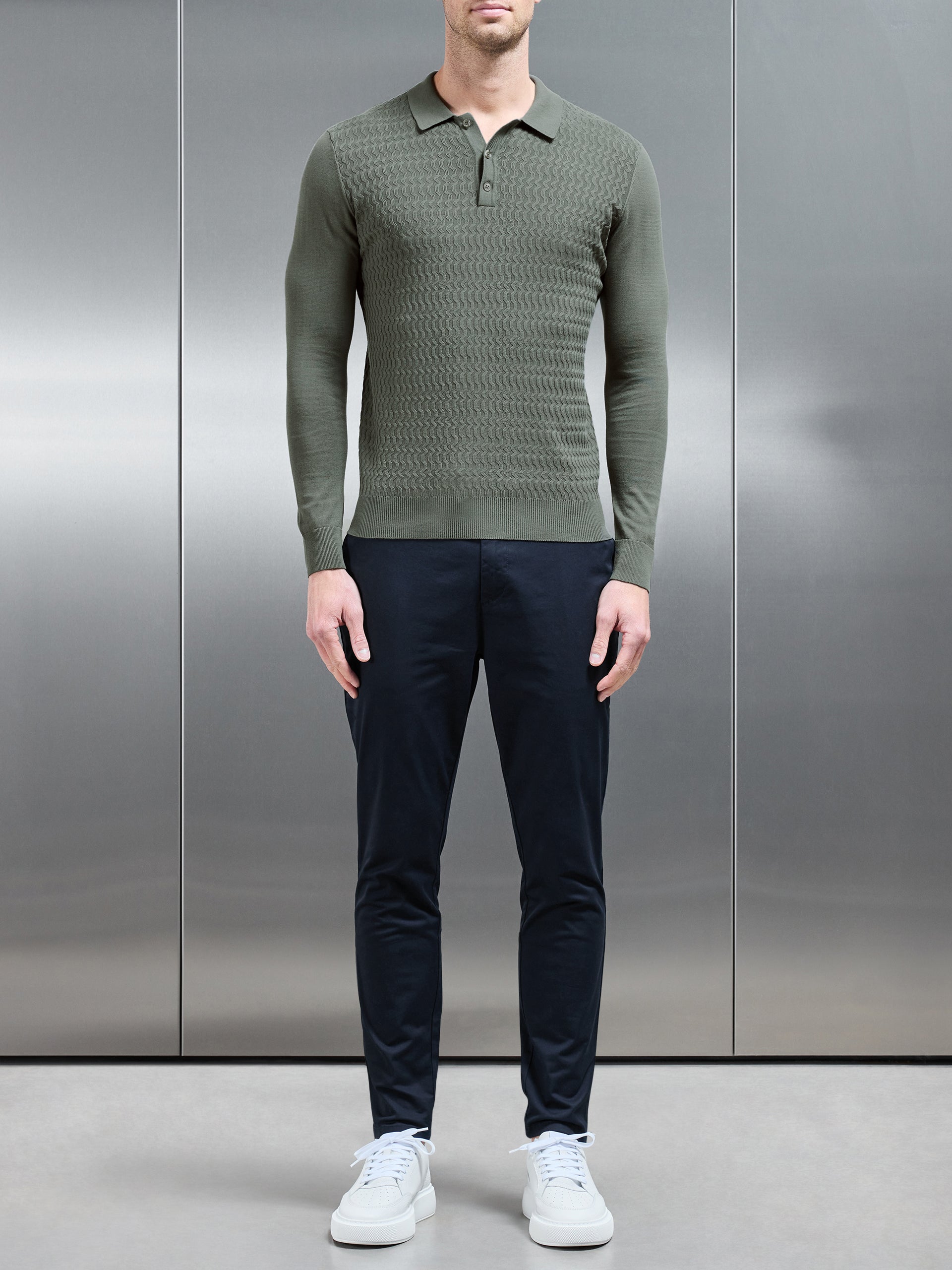Cotton Knitted Long Sleeve Textured Polo Shirt in Sage